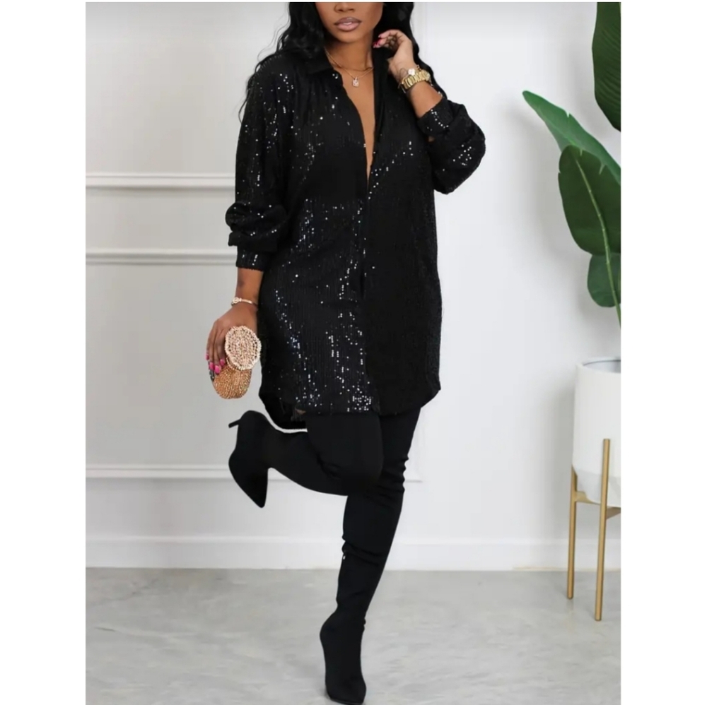 Boutique Black Sequin Shirt Dress
